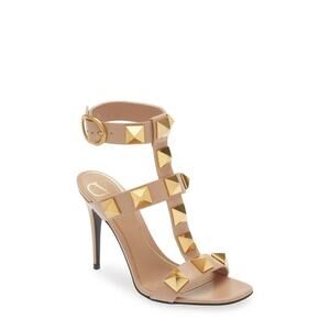 Valentino Garavani $1270 Beige Roman Rockstud T-Strap Heeled Sandals Size 39 New